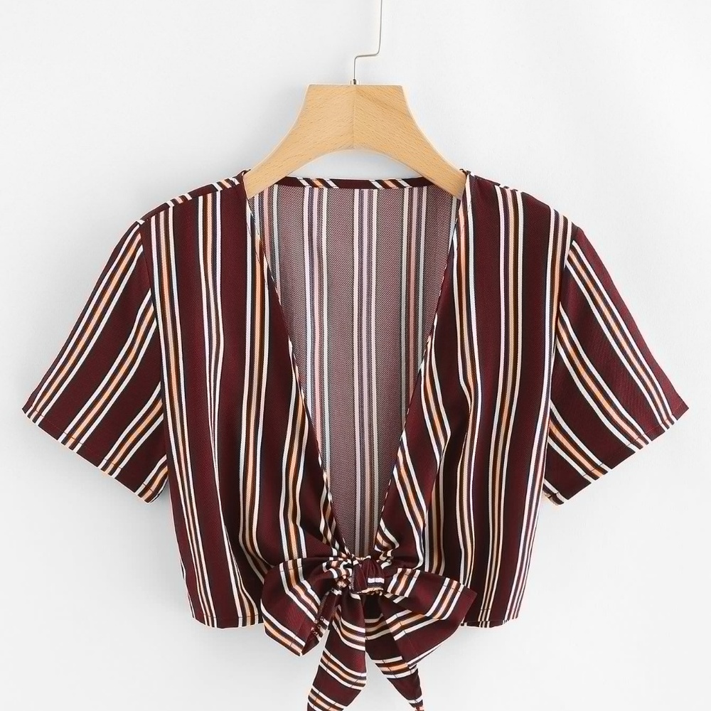 Knot Hem Yellow Striped Red Crop Top